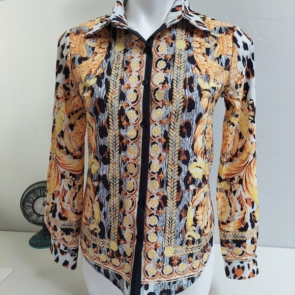 Stylewe Black‎ Yellow Shirt M Button Up Leopard Chain Pattern High Street - Picture 2 of 9